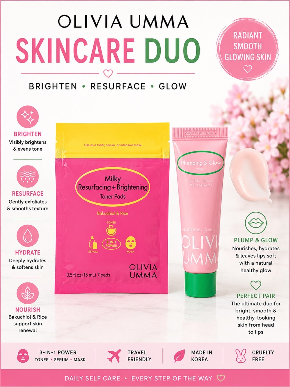 Olivia Umma Skincare Duo Toner Pads + Plumping & Glow Lip Balm Travel Set